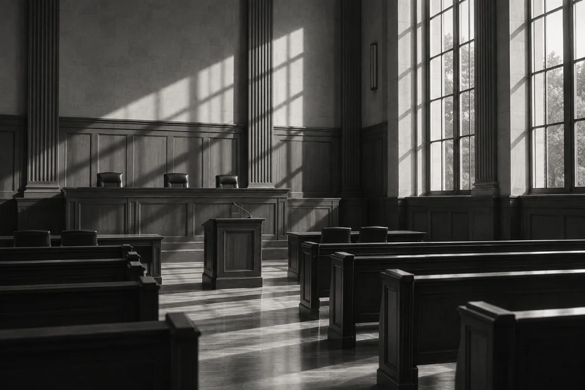 Conceptual black-and-white photograph of a sunlit university moot courtroom