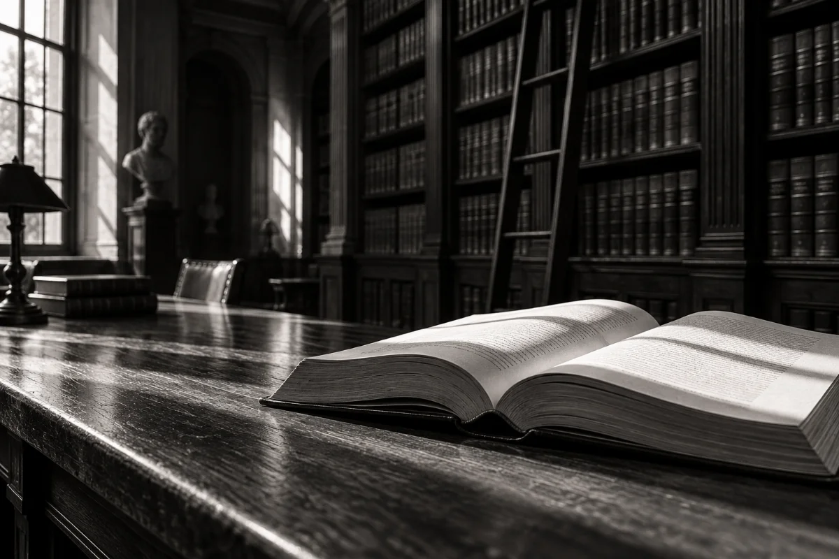 Conceptual black-and-white photograph of an open book in a sunlit library